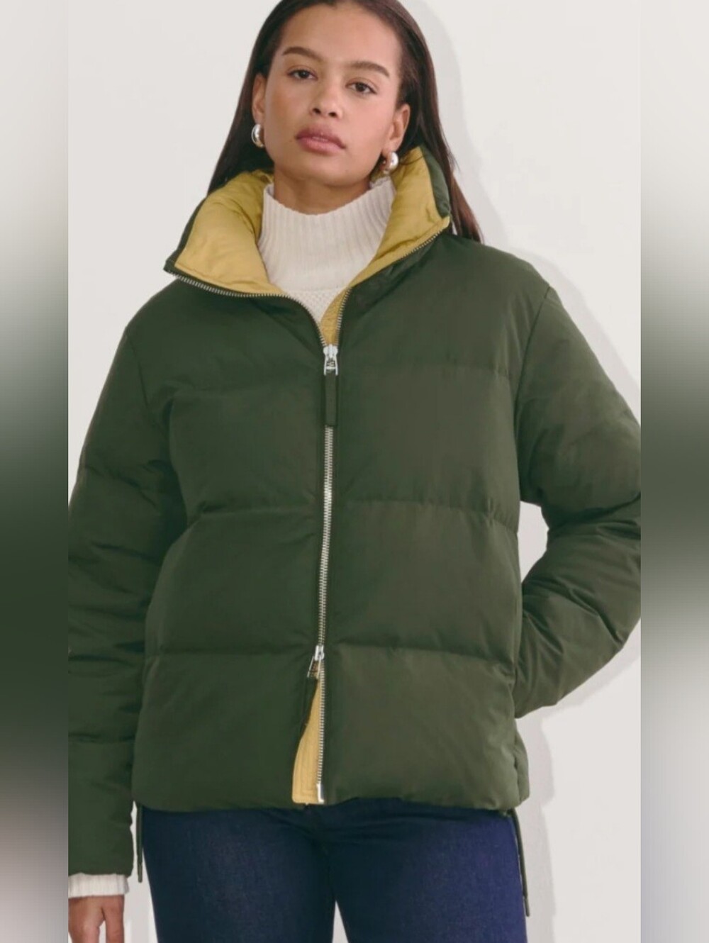 Everlane Olive Puffer Jacket with Mustard Lining